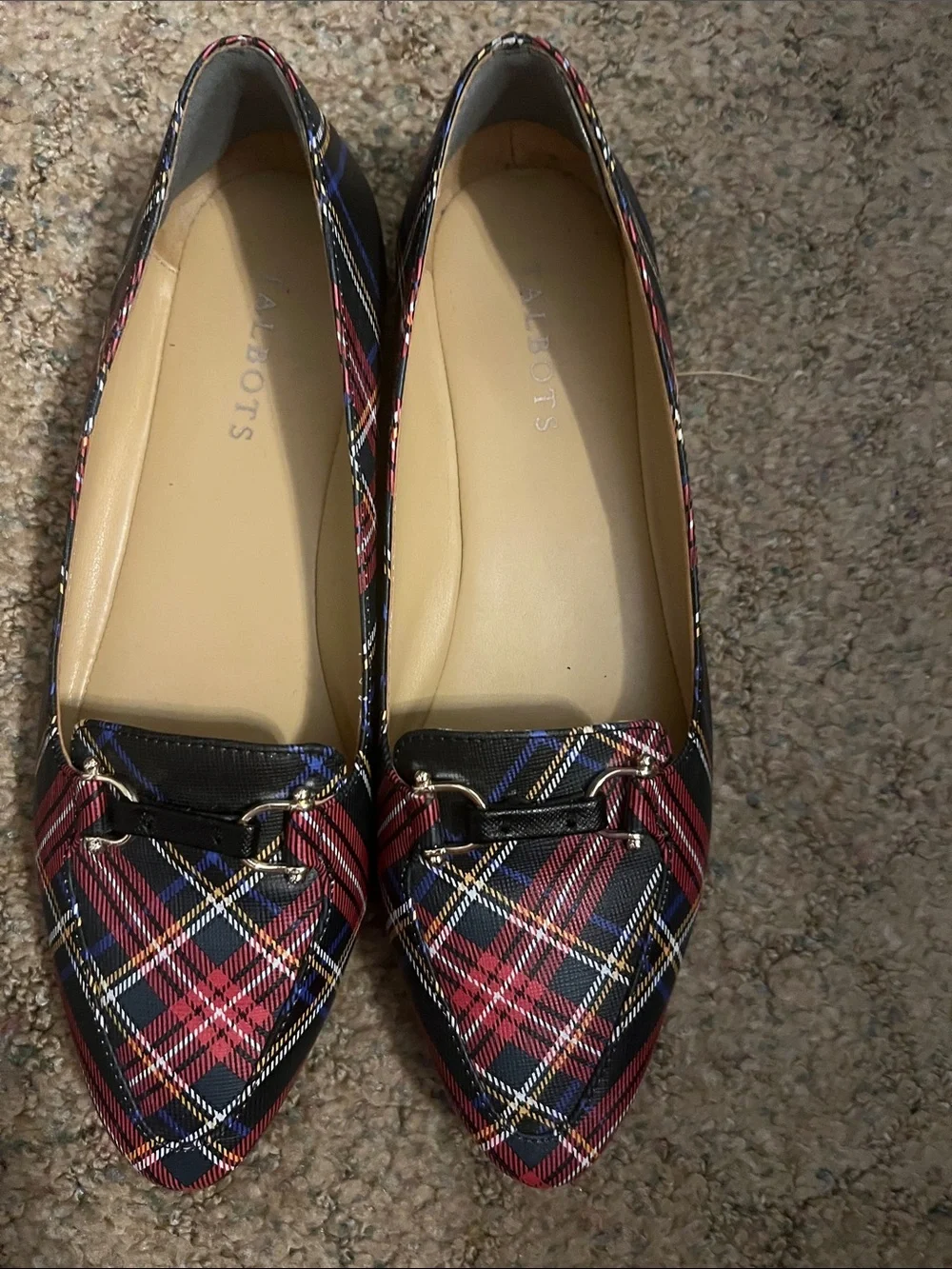 Talbots Red and Navy Plaid Pointed Loafers with Gold Accent
